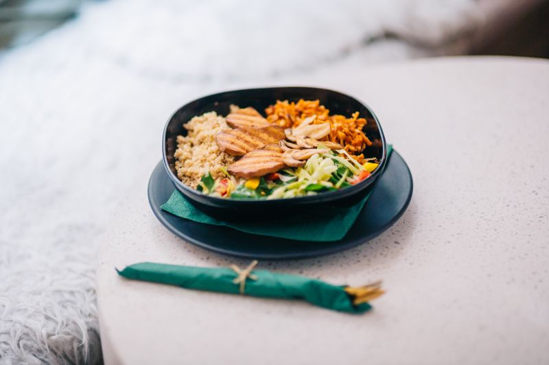 Mediterranean quinoa bowl with grilled halloumi